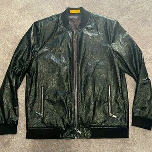 Black. Medium sleek black bomber jacket, with a unique embossed floral design
